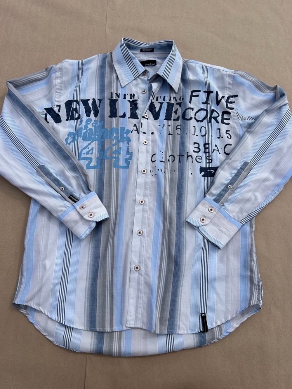 Y2K Light Blue Striped Graphic Button-Up Shirt